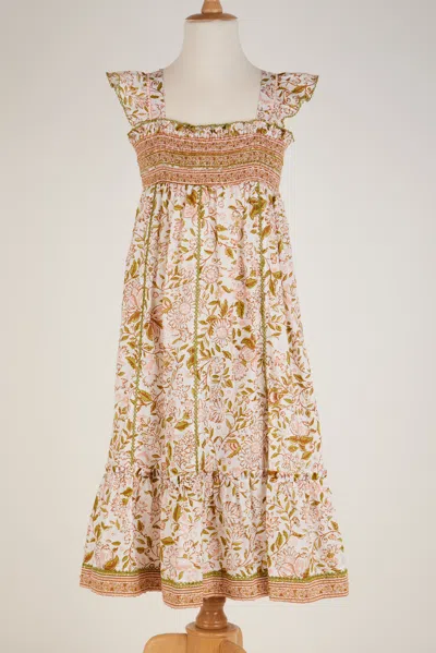 Poupette St Barth Midi Dress Cindy Ct Pm Kids Green Menton Cotton Plumeti In Multi