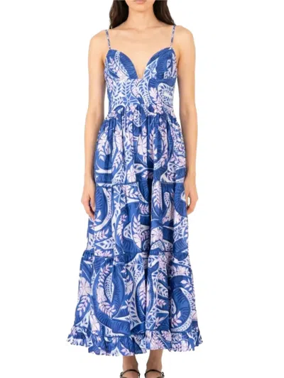 Poupette St Barth Milena Tiered Leaf-print Dress In Blue