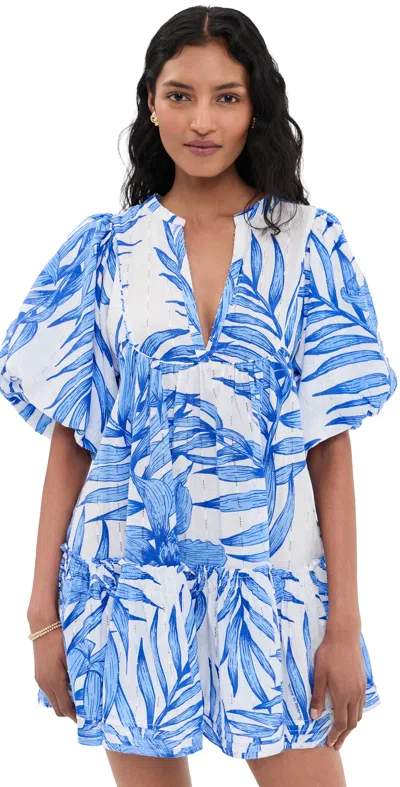 Poupette St Barth Mini Dress Cruz Blue Palm Leaf