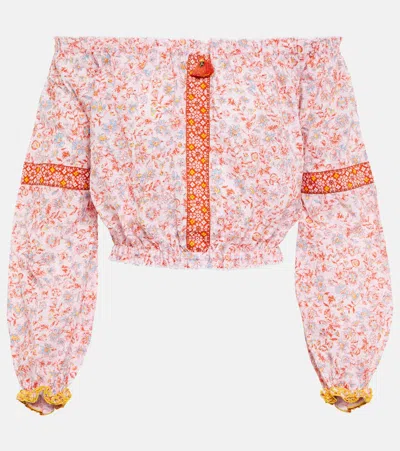 Poupette St Barth Nana Floral Cotton Crop Top In Pink Magnolia