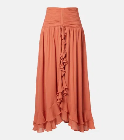 Poupette St Barth Neree Ruched Ruffled Midi Skirt In Pink
