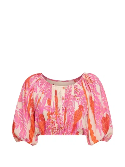 Poupette St Barth Palm-leaf Print Puff-sleeve Top In Pink