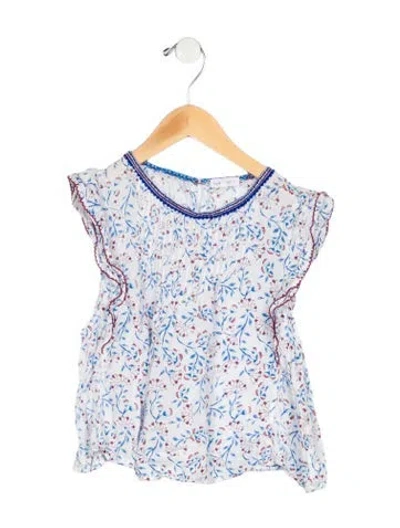 Pre-owned Poupette St Barth Kids' Pattern Print Short Sleeve Ruffle Blouse In Blue/white
