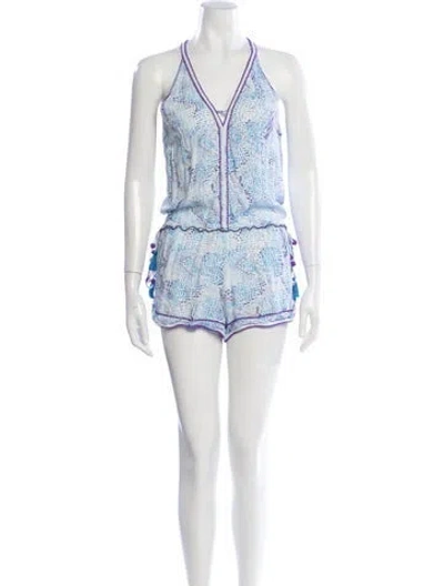 Pre-owned Poupette St Barth Patterned Halterneck Romper In Blue