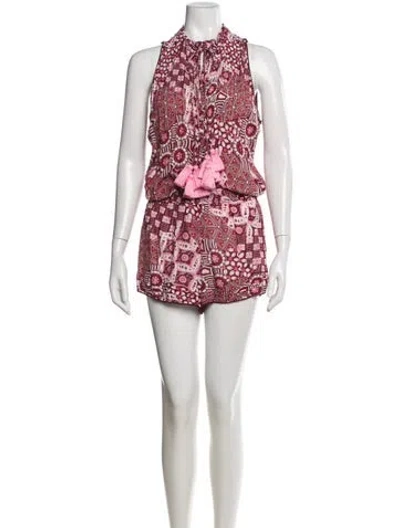 Pre-owned Poupette St Barth Patterned Tie Neck Romper In Burgundy