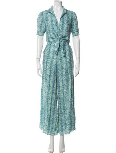 Pre-owned Poupette St Barth Patterned V-neck Jumpsuit In Blue