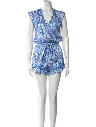 Pre-owned Poupette St Barth Patterned V-neck Romper In Blue