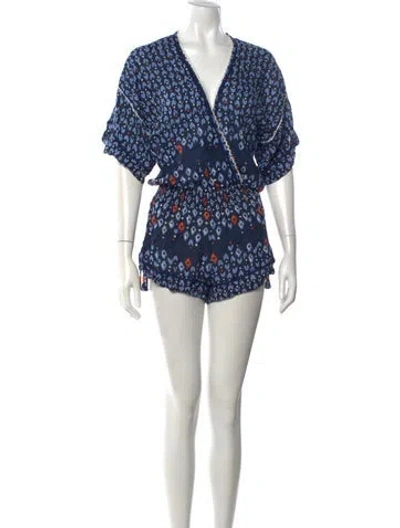 Pre-owned Poupette St Barth Patterned V-neck Romper In Blue
