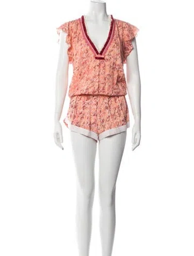 Pre-owned Poupette St Barth Patterned V-neck Romper In Pink