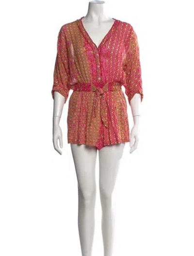 Pre-owned Poupette St Barth Patterned V-neck Romper In Pink