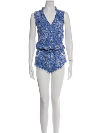 Pre-owned Poupette St Barth Patterned V-neck Romper In White