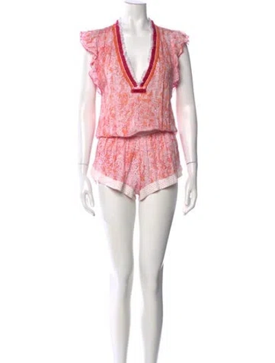 Pre-owned Poupette St Barth Patterned V-neck Romper In White