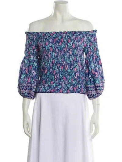 Pre-owned Poupette St Barth Printed Off-the-shoulder Crop Top In Blue