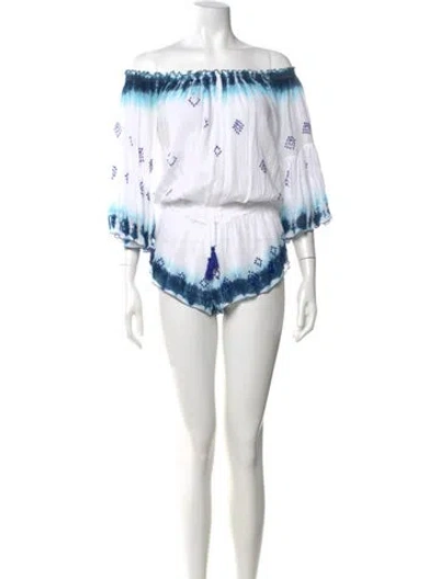 Pre-owned Poupette St Barth Printed Off-the-shoulder Romper In White