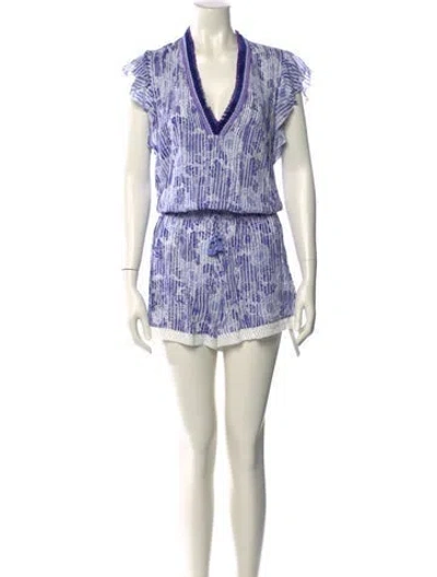 Pre-owned Poupette St Barth Printed Plunge Neckline Romper In Blue