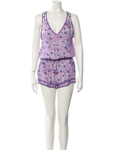 Pre-owned Poupette St Barth Printed Plunge Neckline Romper In Multi