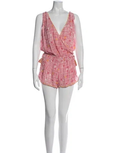 Pre-owned Poupette St Barth Printed Plunge Neckline Romper In Pink