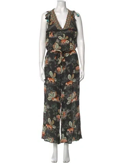 Pre-owned Poupette St Barth Printed V-neck Jumpsuit In Black
