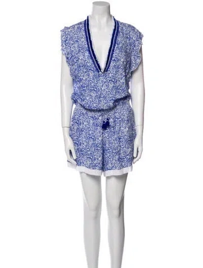 Pre-owned Poupette St Barth Printed V-neck Romper In Blue