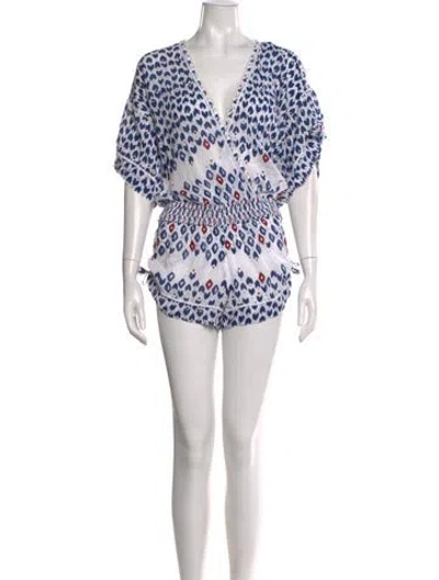 Pre-owned Poupette St Barth Printed V-neck Romper In Blue