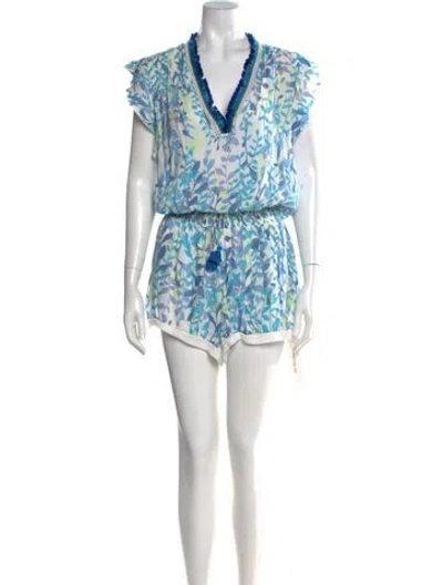 Pre-owned Poupette St Barth Printed V-neck Romper In Blue