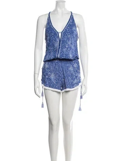 Pre-owned Poupette St Barth Printed V-neck Romper In Blue