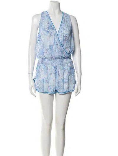 Pre-owned Poupette St Barth Printed V-neck Romper In Blue
