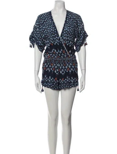 Pre-owned Poupette St Barth Printed V-neck Romper In Blue
