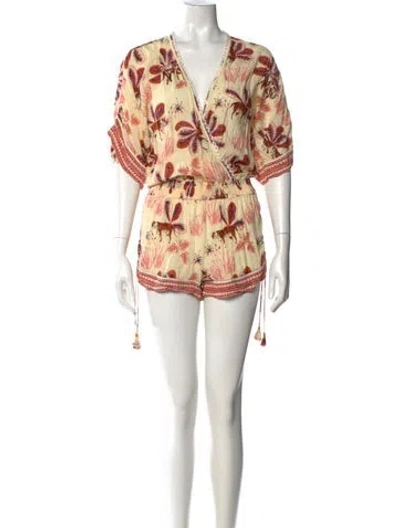Pre-owned Poupette St Barth Printed V-neck Romper In Green