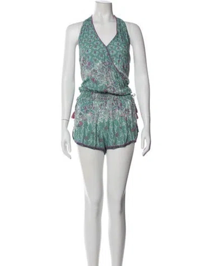 Pre-owned Poupette St Barth Printed V-neck Romper In Green