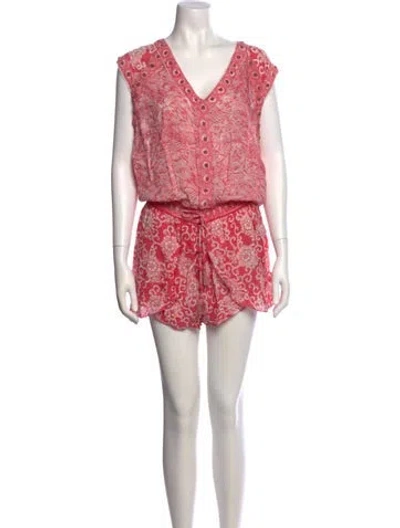 Pre-owned Poupette St Barth Printed V-neck Romper In Pink