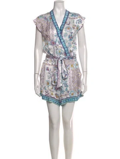 Pre-owned Poupette St Barth Printed V-neck Romper W/ Tags In Blue