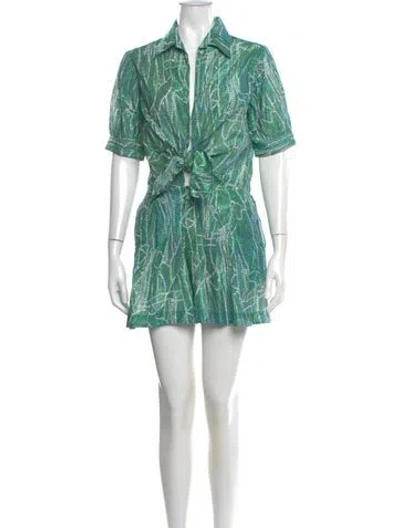Pre-owned Poupette St Barth Printed V-neck Romper W/ Tags In Green