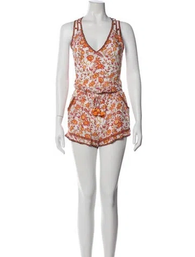 Pre-owned Poupette St Barth Printed V-neck Romper In White