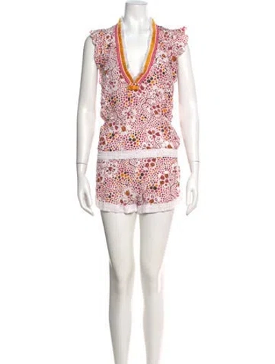 Pre-owned Poupette St Barth Printed V-neck Romper In White