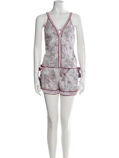 Pre-owned Poupette St Barth Printed V-neck Romper In White