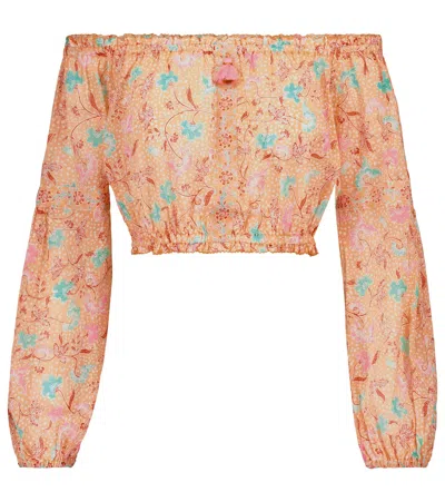 Poupette St Barth Rachel Printed Cotton Crop Top In Orange