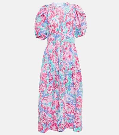 Poupette St Barth Reine Floral Midi Dress In Pink Rugosa