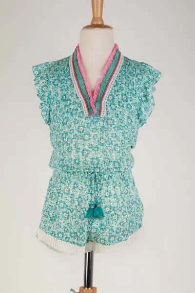 Poupette St Barth Short Jumpsuit Sasha V Kids Aqua Je T'aime Viscose In Multi