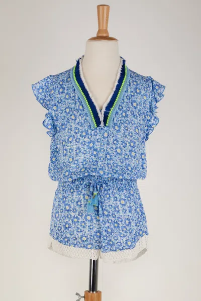 Poupette St Barth Short Jumpsuit Sasha V Kids Blue Je T'aime Viscose
