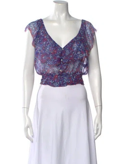 Pre-owned Poupette St Barth Silk Floral Print Blouse In Blue