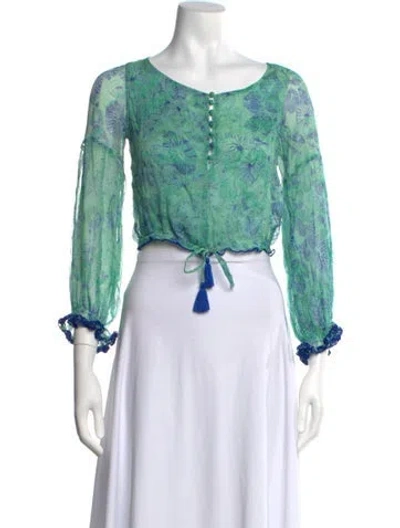 Pre-owned Poupette St Barth Silk Floral Print Blouse W/ Tags In Blue/green