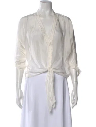 Pre-owned Poupette St Barth Silk V-neck Blouse W/ Tags In White