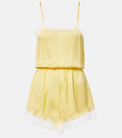 Poupette St Barth Silvia Lace-trimmed Satin Romper In Yellow