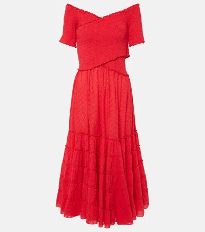 Poupette St Barth Soledad Off-shoulder Cotton Midi Dress In Red