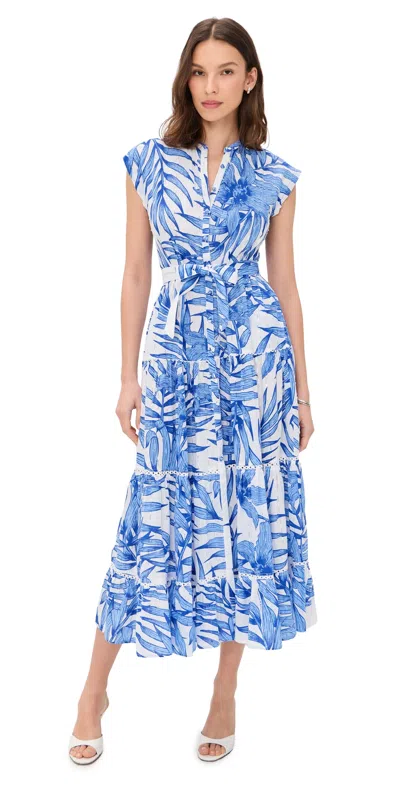 Poupette St Barth Tiered Palm Dress Blue Palm Leaf