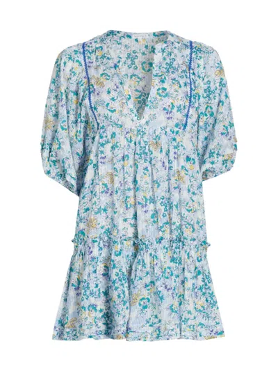 Poupette St Barth Aria Floral Gathered Cotton Minidress In Blue Sweet Liberty