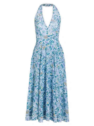 Poupette St Barth Women's Beth Floral Swiss-dot Halter Midi-dress In Blue Sweet Liberty