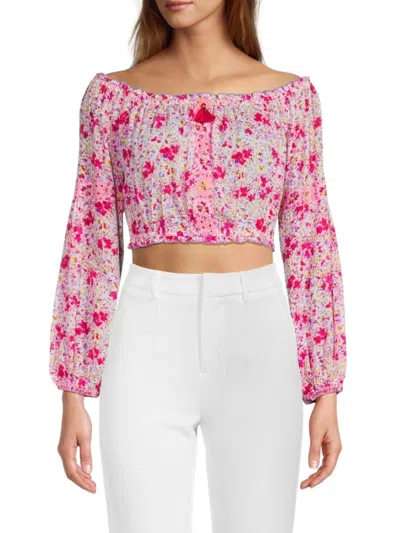 Poupette St Barth Women's Rachel Floral Peasant Crop Top In White Multi