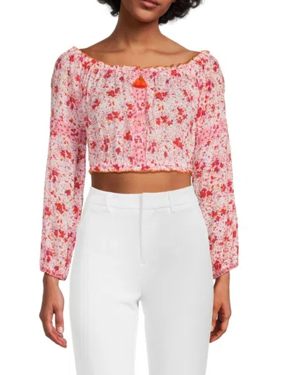 Poupette St Barth Women's Rachel Floral Peasant Crop Top In White Red
